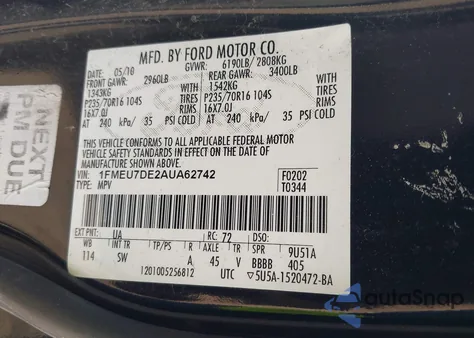 2010 Ford Explorer Xlt z USA, uszkodzony, nr VIN 1FMEU7DE2AUA62742